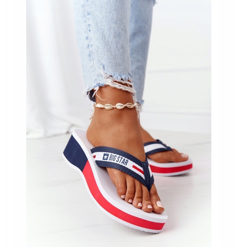 Women's flip-flops on the wedge Big Star HH274A093 White navy blue 1