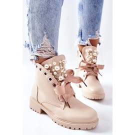 Beige Perla ankle boots with pearls and rhinestones 2