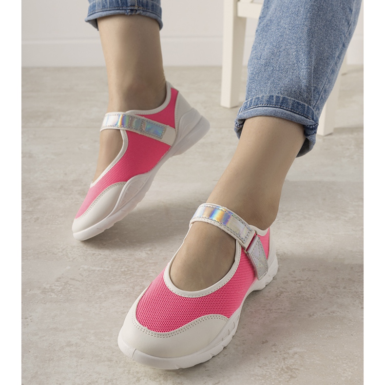Neon pink trainers with a holographic Melania insert white 1