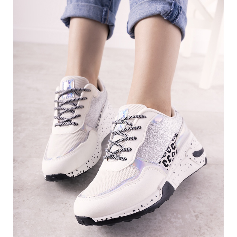 White sneakers with Manitoba holographic inserts silver 1