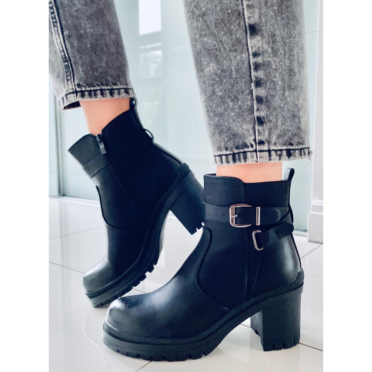 Black heeled military hot sale boots