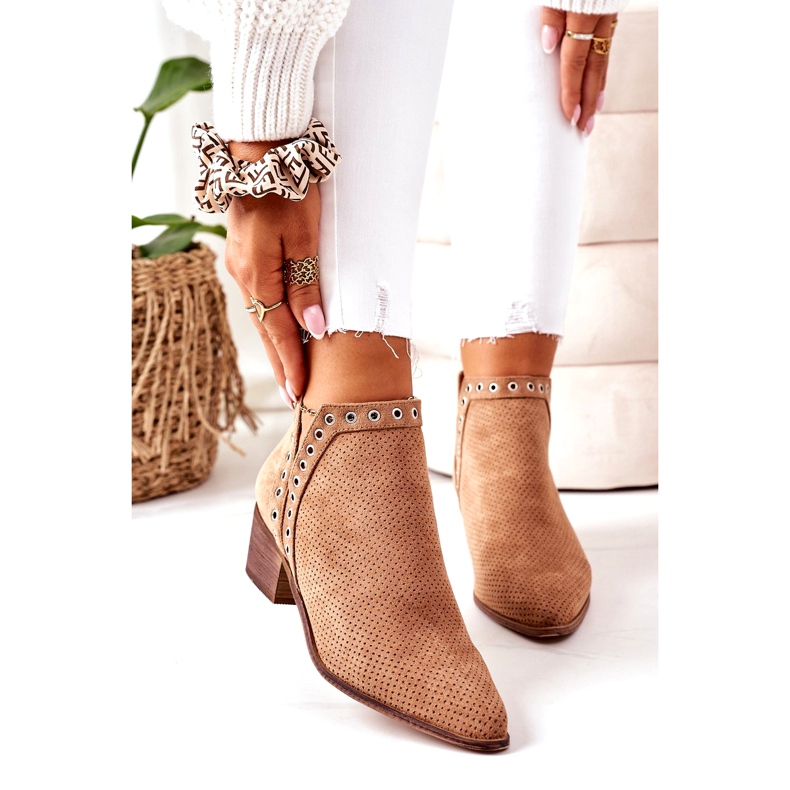 Openwork boots with cut-outs, Camel Western beige 3