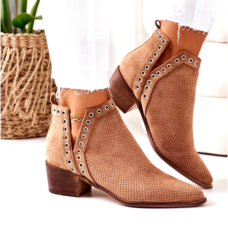 Openwork boots with cut-outs, Camel Western beige 4