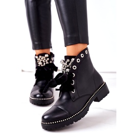 PS1 Warm Boots With Metal Pearls, Rhinestones And Ribbon Black Perla 2