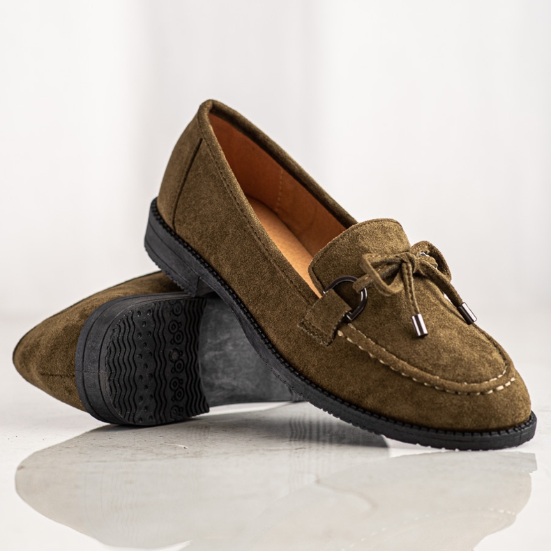 SHELOVET Suede Loafers With A Bow brown green 1
