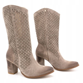 Exousite Women's openwork leather boots high heels 1224 gray grey 2