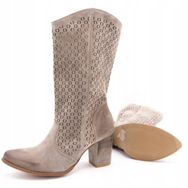 Exousite Women's openwork leather boots high heels 1224 gray grey 4