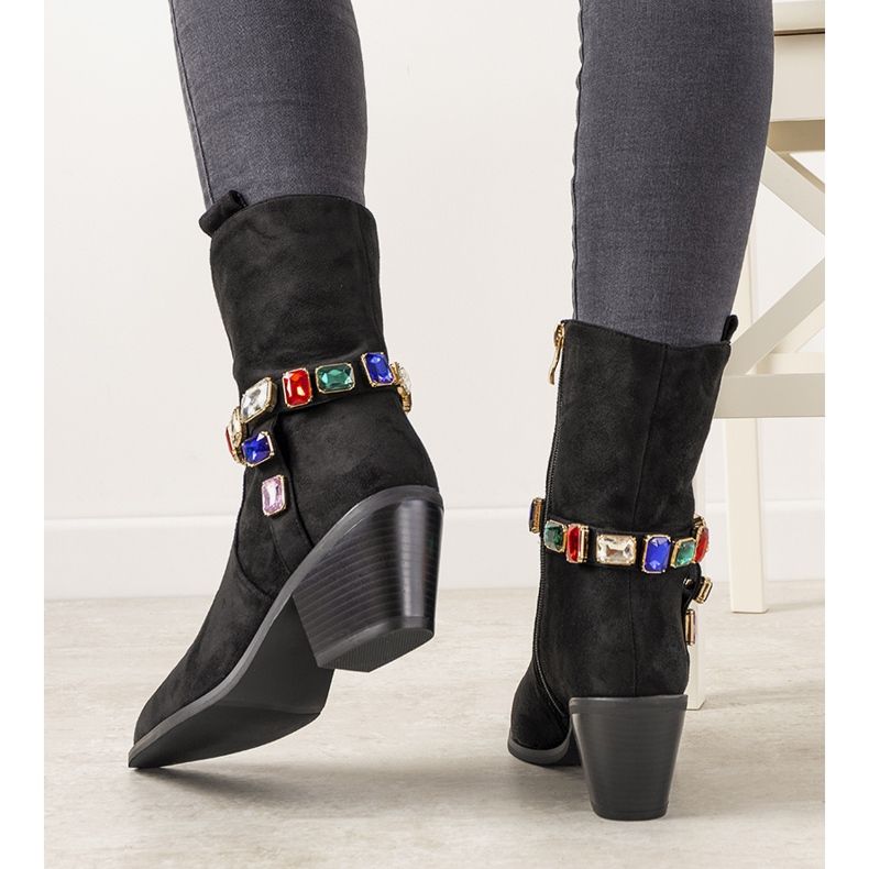 Black cowboy boots with colorful Mabella stones 1