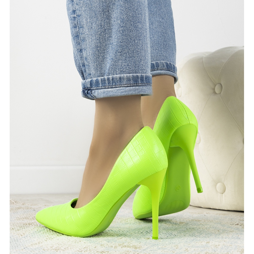 Neon Green Ebony Crocodile Leather Heels