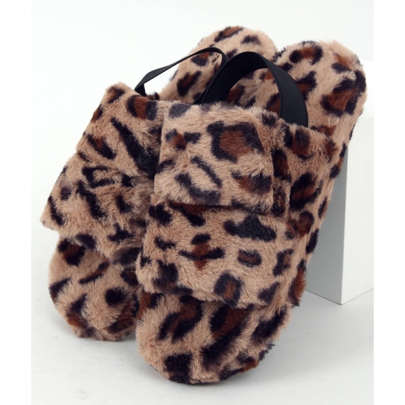 Women's fur slippers with spots N-92 Leopard beige brown 1