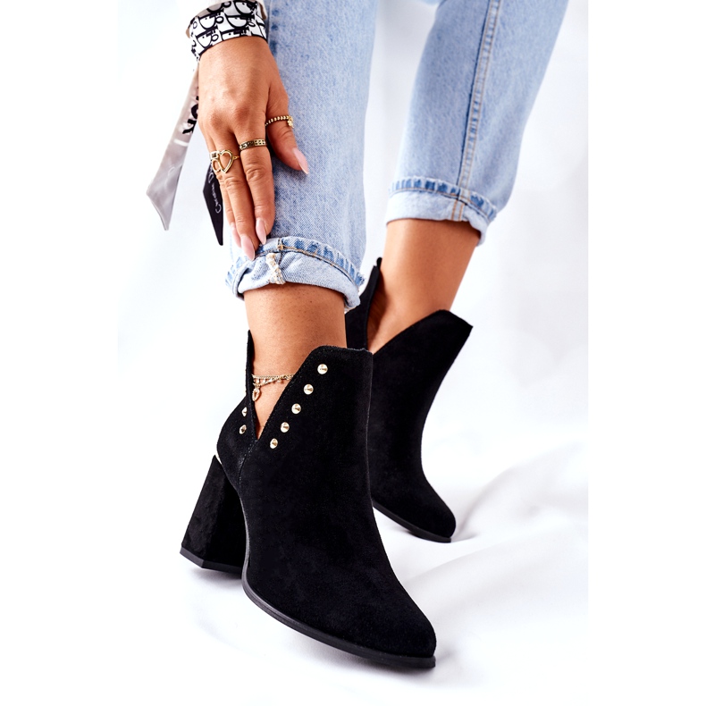 Women's Suede Ankle Boots With Cutouts and Rhinestones Lewski Black 3075 4