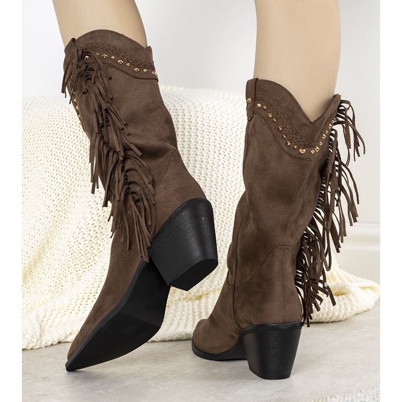 Loneflare brown suede boho cowboy boots 1