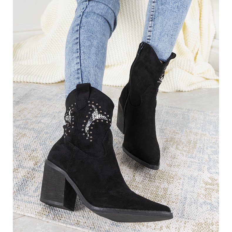 Black cowboy boots with Corinne snake skin inserts 1