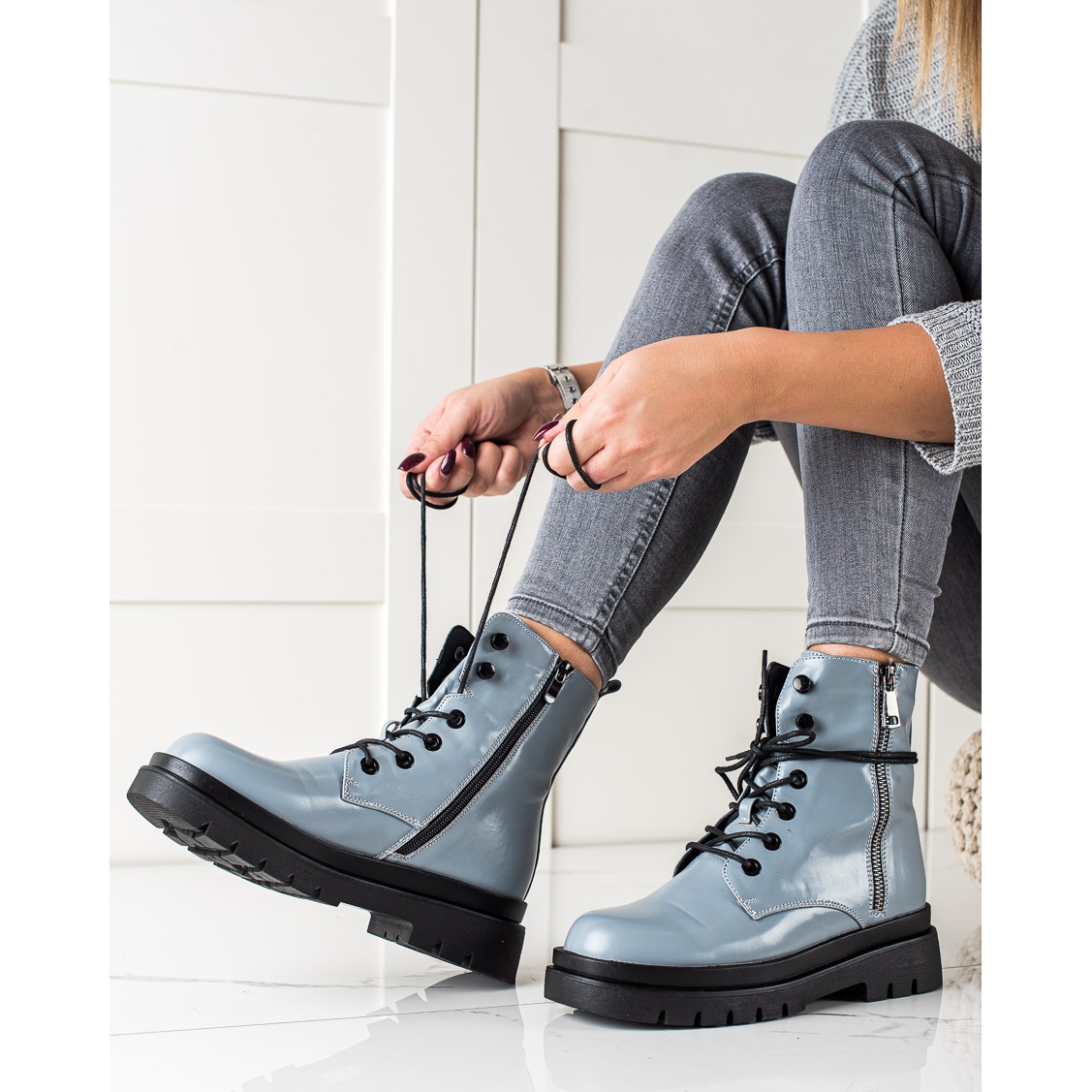 Sixth Sense Lace-up boots with a decorative zipper blue