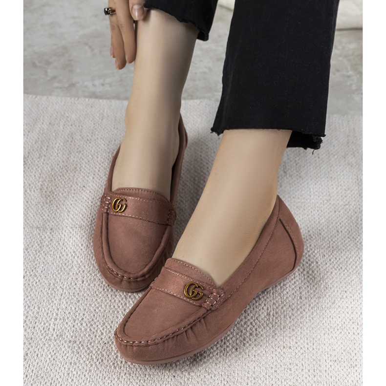 Pink moccasins on a hidden Linette wedge 1
