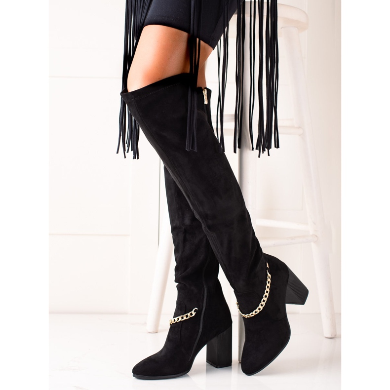 Goodin Suede thigh boots with a chain black 1