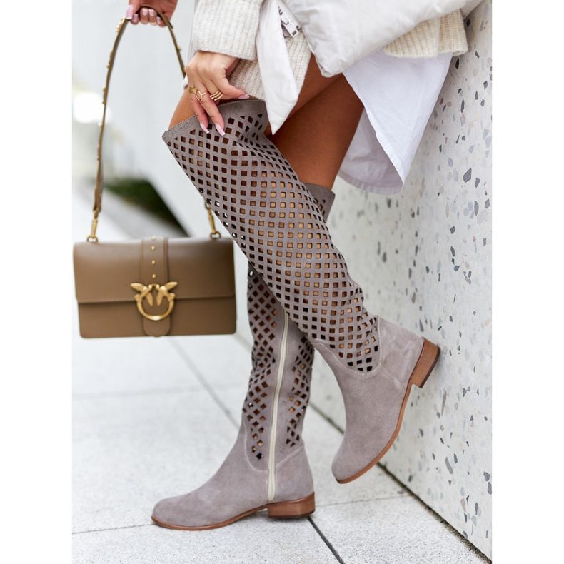 PA2 Suede Boots With Openwork Pattern Light Brown Pointe 2