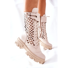 PA2 Women's Openwork Leather Boots Trappers Beige Hootie 5