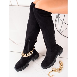 Diamantique Suede boots with a golden chain black 1