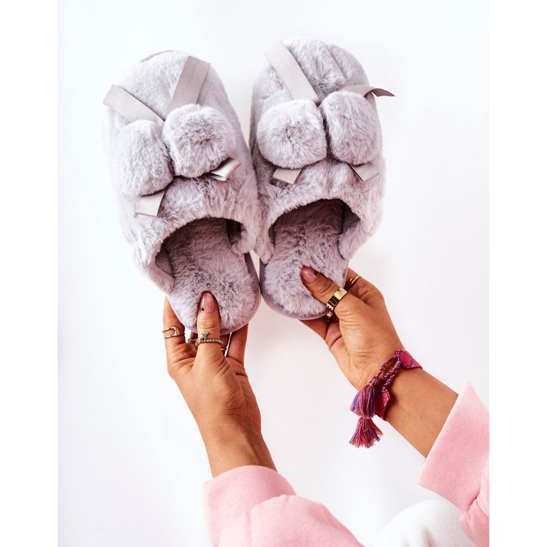 Gray Pamppy Fur Slippers With Pompoms grey 1