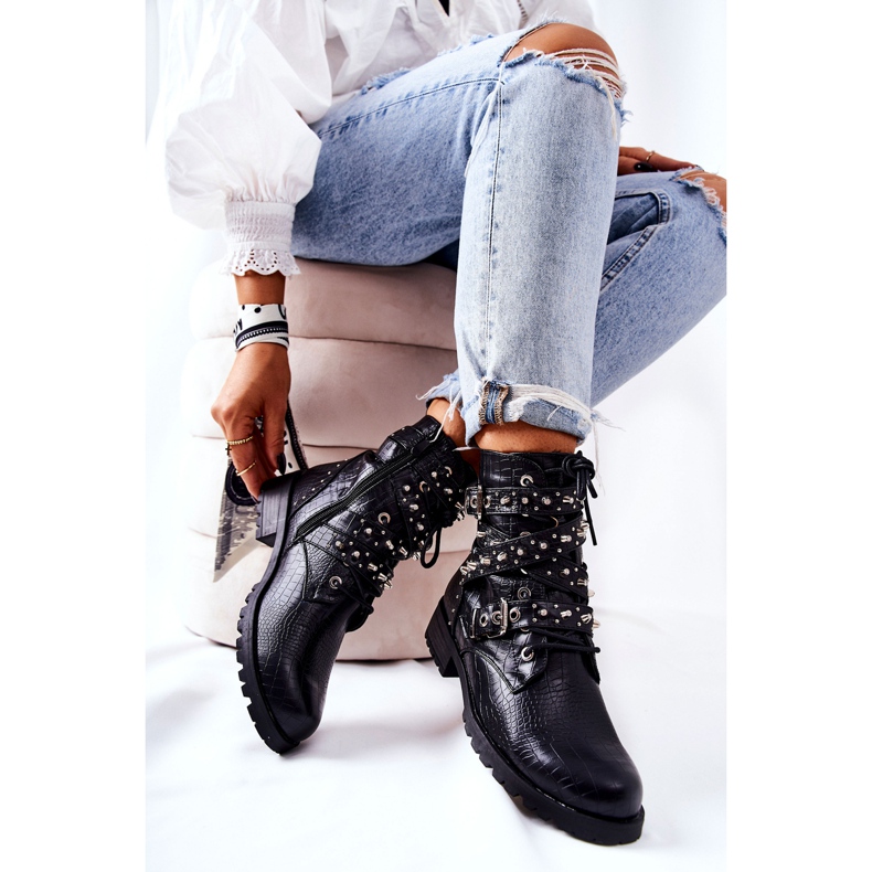 Leather Ankle Boots With Stripes Animal Pattern Black Kepherine 1