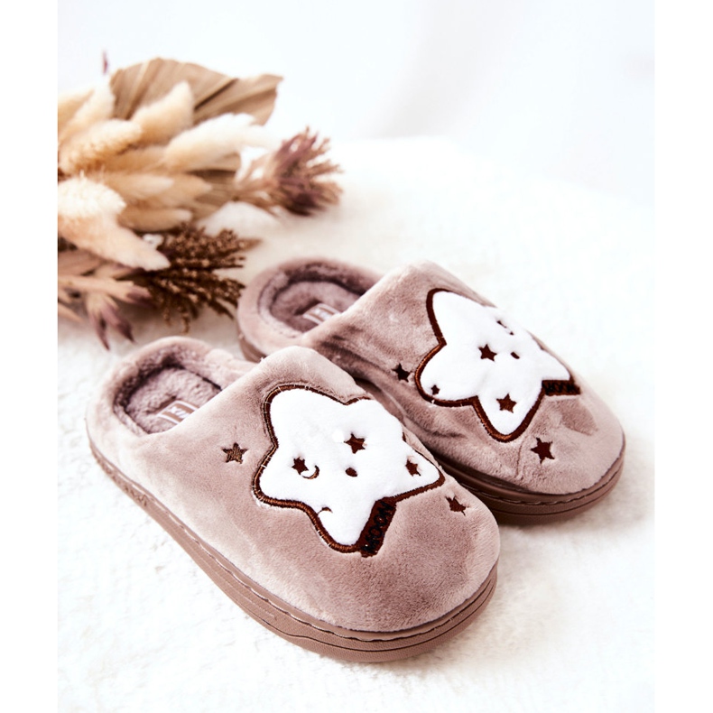 WJ1 Children's Warm Slippers Beige Nella stars brown 1
