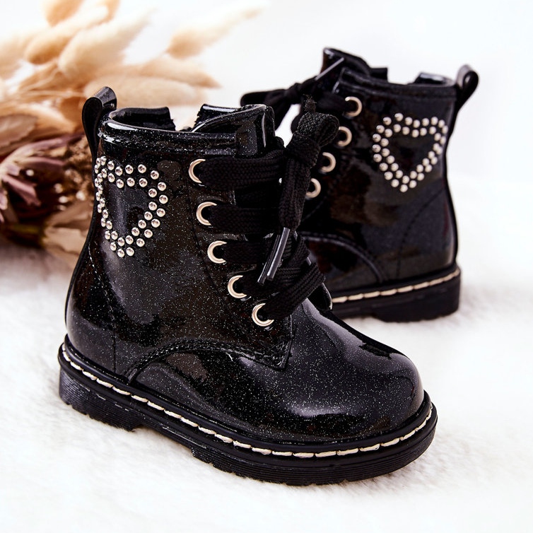 WT1 Children's Lacquered Shiny Black Booties 2