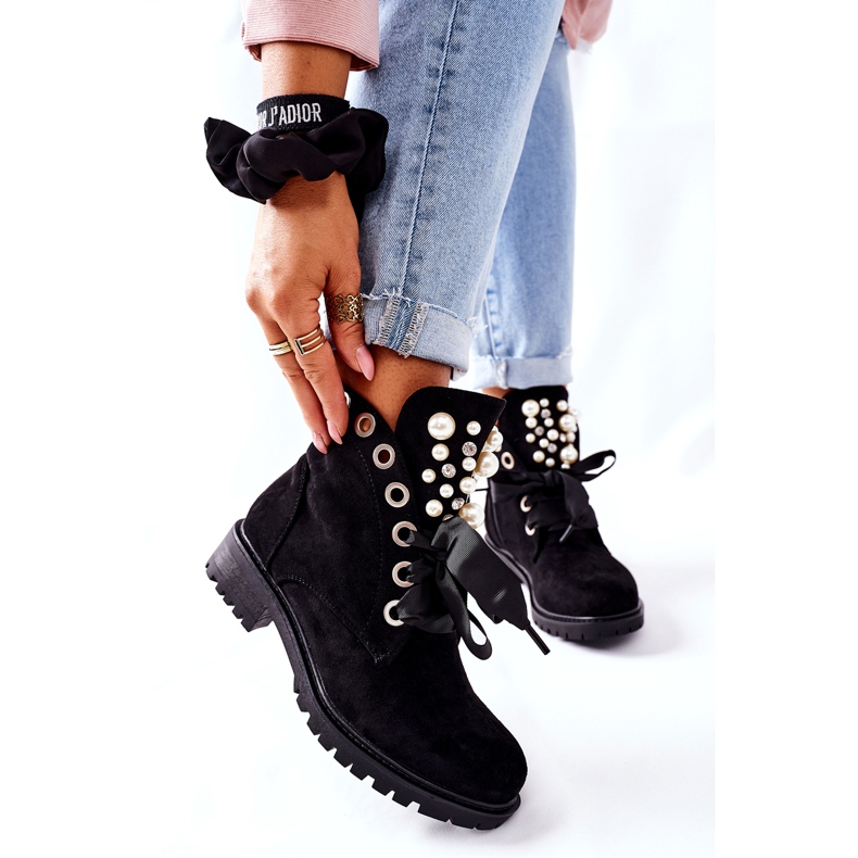 FI1 Suede Boots With Pearls And Black Perla Ribbon 1