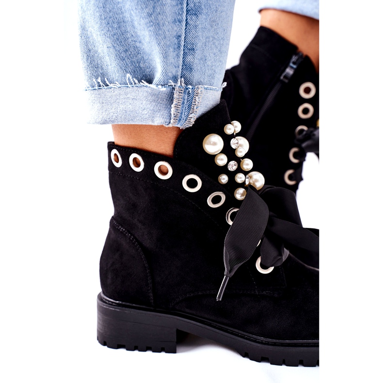 FI1 Suede Boots With Pearls And Black Perla Ribbon 3