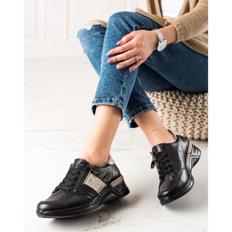 Evento Leather Sneakers With Decorative Zipper beige black 2