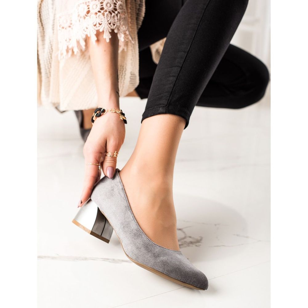 gray pumps low heel