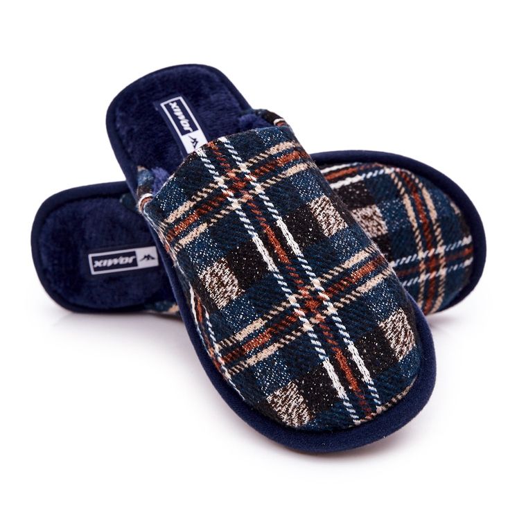 WJ1 Men's Warm Navy Checkered Slippers Whisper beige navy blue 2