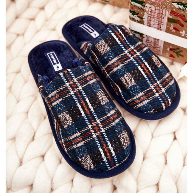 WJ1 Men's Warm Navy Checkered Slippers Whisper beige navy blue 1
