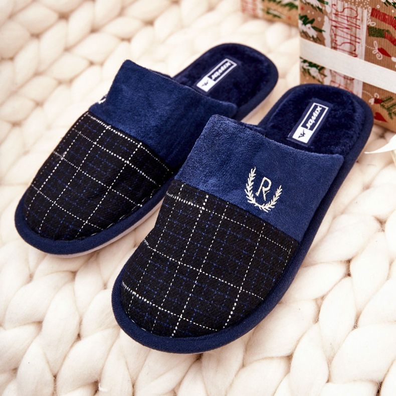 WJ1 Warm Checkered Slippers Navy Blue Blase 1