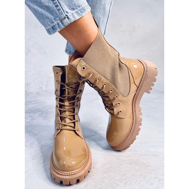 Military boots with a sock upper Sanna Khaki beige KeeShoes