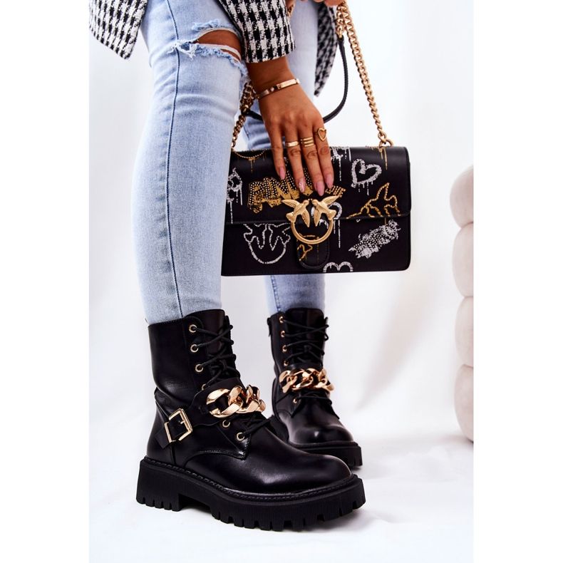 WS1 Black Molisa Worker Boots With Chain golden 1