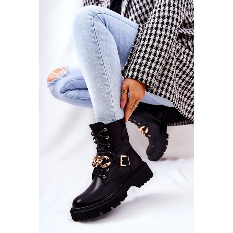 WS1 Black Molisa Worker Boots With Chain golden 2