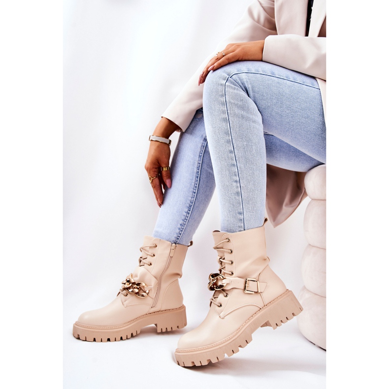 WS1 Beige Molisa Worker Boots With Chain golden 2