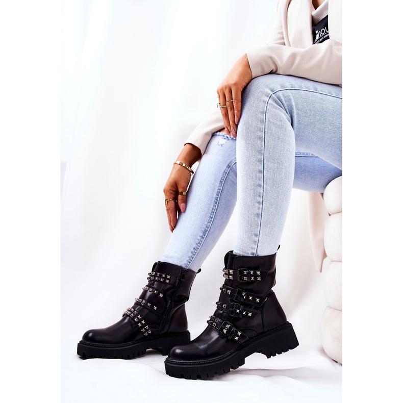WS1 Boots Workers With Straps Black Brenna Studs 1