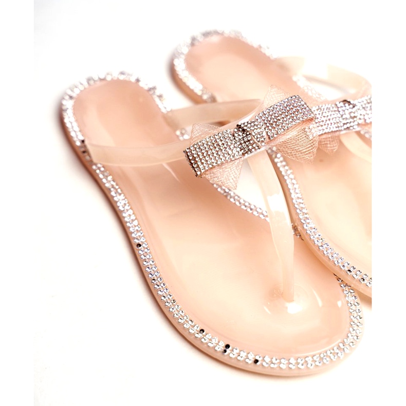 LU BOO Women's Rubber Slippers Pink Nude Flip-flops Rhinestones Lou beige silver 3
