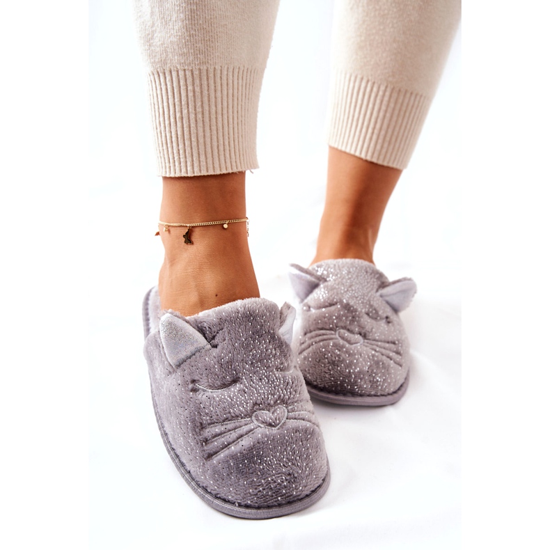 PE1 Shiny Kitten Slippers With Gray Kaisy Ears grey 2