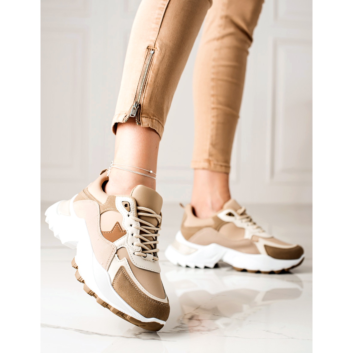 Stylish Beige and Brown Women\'s Shoes Brand New Women Beige Brown Sneakers Athlete Platform Shoes  main image 2