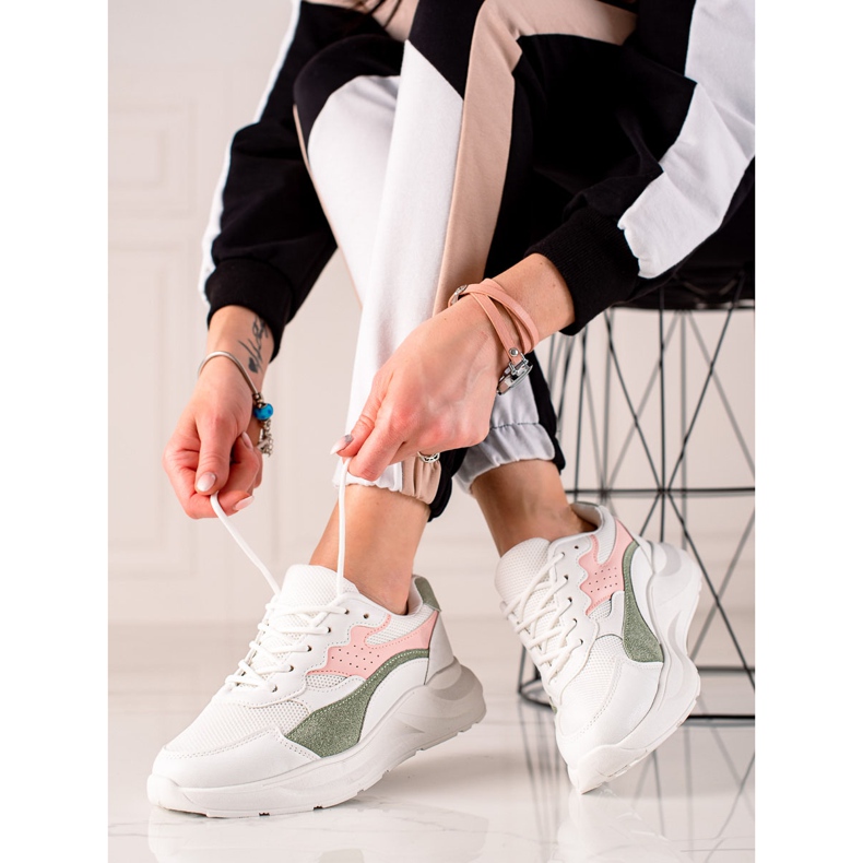 TRENDI Casual White Sneakers pink green 1