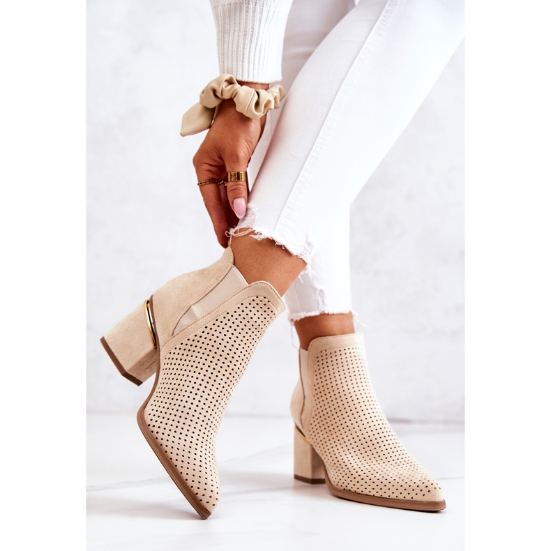 PS1 Suede Openwork Cowboy Boots Light beige Helloni 2
