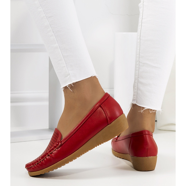Red moccasins on the Dalal wedge heel 1