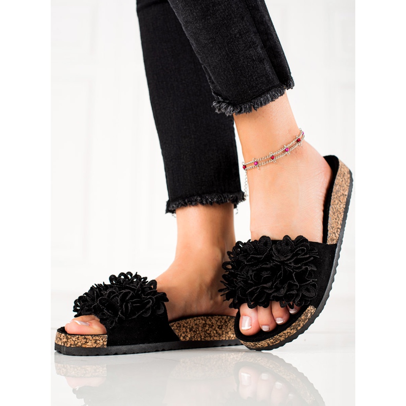 Black Slippers With Flowers VINCEZA 1 Black Slippers With Flowers VINCEZA 1