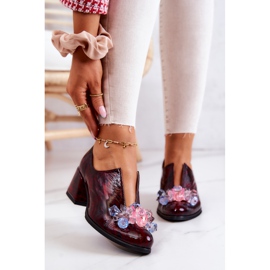 PA2 Elegant Leather High Heels With Burgundy Delaver Decoration red 2