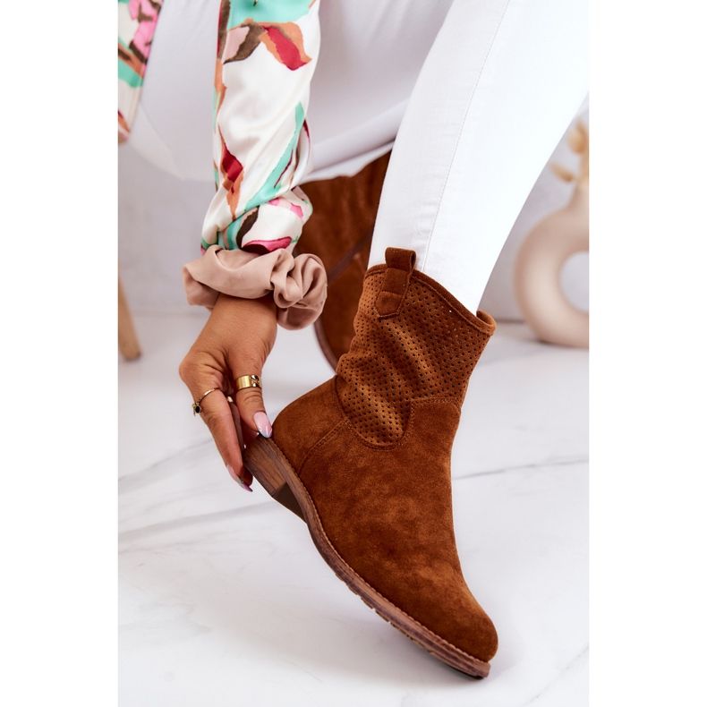 S.Barski Suede Women's Openwork Boots Camel Lemar brown 1