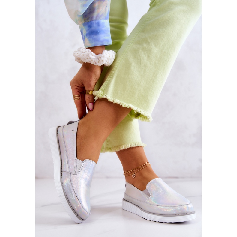 Women's Leather Sneakers Slip-On S.Barski Holographic Silver 2 Women's Leather Sneakers Slip-On S.Barski Holographic Silver 2