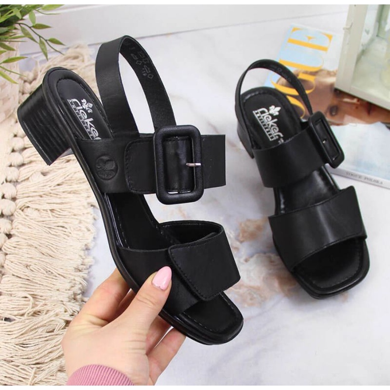 Leather sandals on a block Rieker W 62663-01 black 1